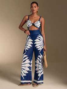 Swim Oasis Women's Tropical Plant Print Hollow-Out One-Piece Swimsuit With Coverup And Pants For Vacation - Blue - View 6