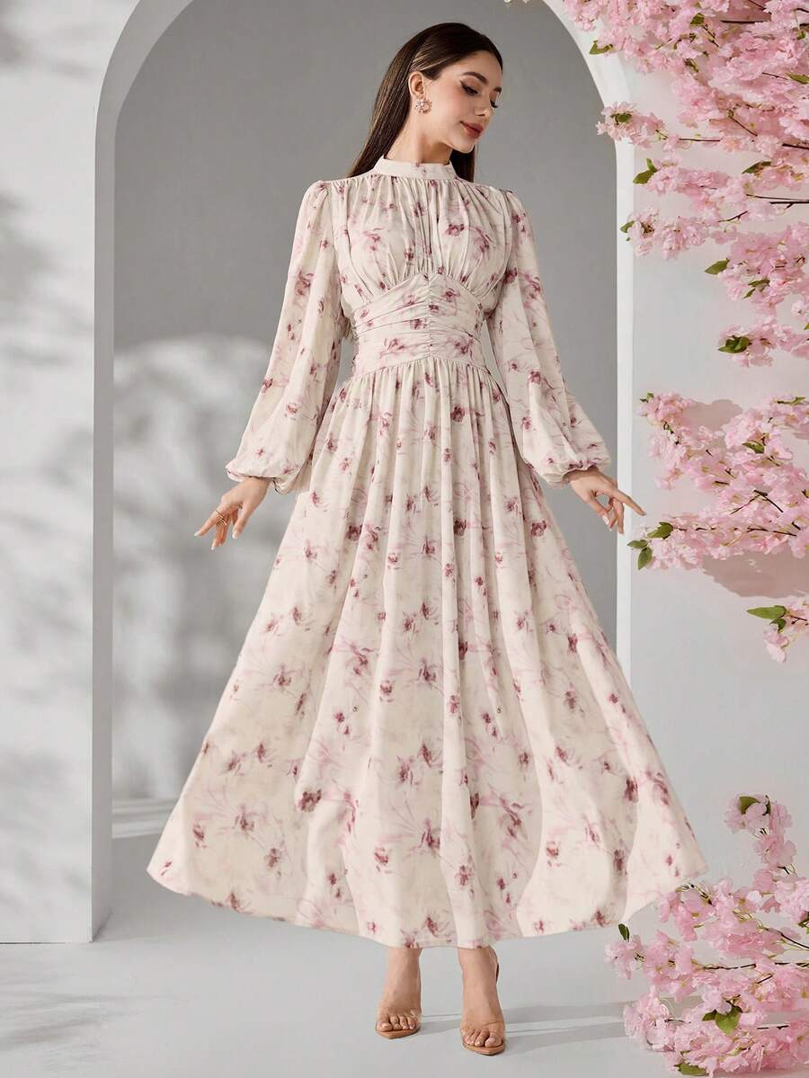 Modelyn Đầm nữ thanh lịch in hoa tay phồng, thích hợp cho công sở.