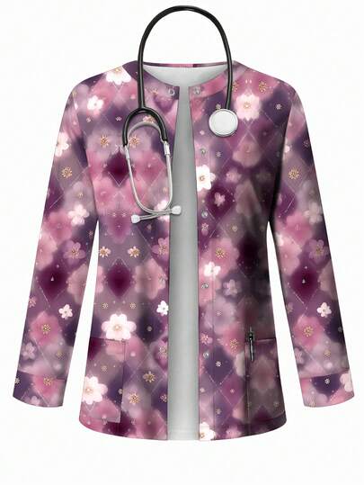 PopScrub Ombre Blue & Purple Gradient Design With Floral Print Scrub Jacket, Fashion Spring/Summer Open Cardigan With Hanging Earring Design For Nurse Uniform Top, Uniform Coat