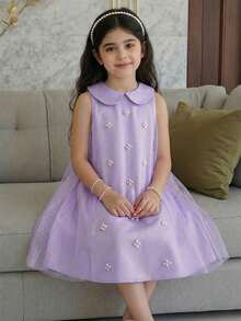 SHEIN Vestido casual de unicolor con cuello Peter Pan y patchwork de malla para niña joven, vestido de fiesta y cóctel para niñas jóvenes, vestidos elegantes, color lavanda para niñas - Púrpura malva - Ver 2