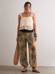 Freevana 大码女式印花休闲百搭抽绳裤 - 杏色 - 查看 7