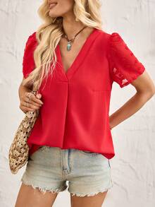 Breezaya Blusa elegante de manga corta con cuello en V, de tela de gasa con pompones, color rojo, para primavera/verano - Rojo - Ver 4