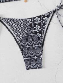 Swim Vcay Bộ bikini nữ mùa hè mới, kiểu cổ yếm, in họa tiết, có dây buộc bên hông. - màu đen - Xem 5