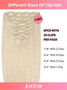 100% Cabello humano real 9 piezas Extensiones de cabello rectas con clip 148G 14-24 pulgadas Color dorado platino Doble trama Extensiones de cabello con clip invisibles Cabello humano Remy natural para uso diario de mujeres y niñas - S60A - Ver 5