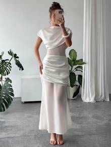 Rafferiza Đầm satin trễ vai gợi cảm và thanh lịch dành cho nữ, phối ren nhún, thích hợp cho các buổi đi chơi và hẹn hò mùa xuân/hè. - Màu be - Xem 4