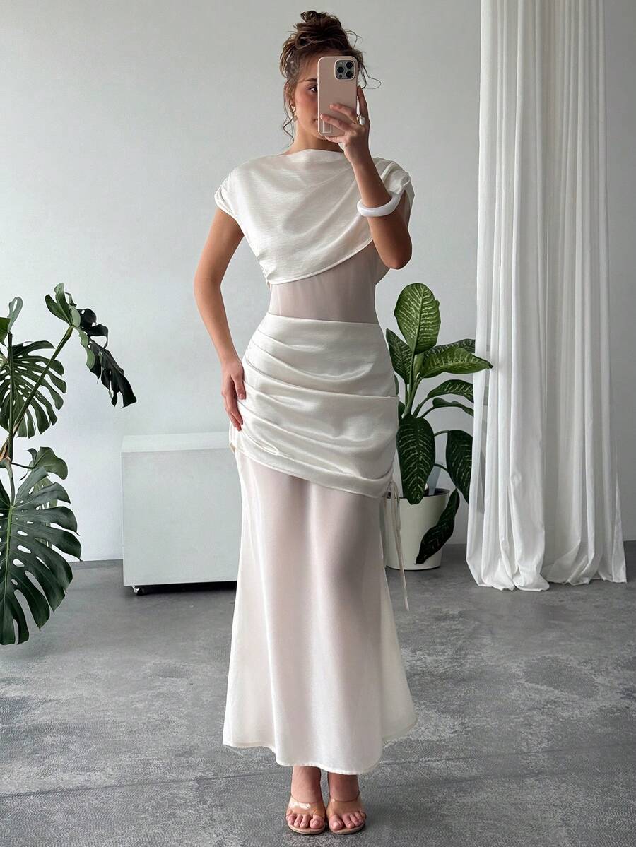 Rafferiza 女士性感优雅露肩缎面拼接褶皱连衣裙，适合春夏外出和约会 - 杏色 - 查看 1