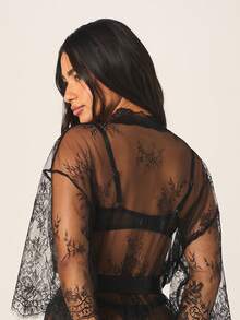 MISSGUIDED Women's Black Lace See Through Lingerie Robe With Satin Belt And Floral Pattern Kimono Style Sleeves - Black - View 2