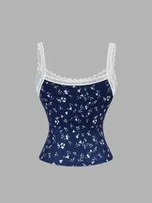 SHEIN Girlism Áo hai dây thoải mái, dễ mặc cho bé gái tuổi teen, họa tiết hoa nhí và bướm. - Màu xanh hải quân - Xem 2