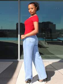 Steph T Solid Color Ribbed Knit Cropped Slim Fit Short Sleeve T-Shirt Summer - Red - View 5