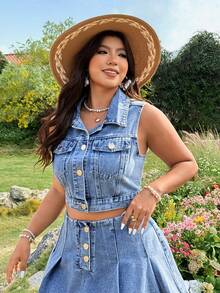 Breezaya Plus Size Women Single-Breasted Lapel Fashion Versatile Daily Wear Denim Jacket Summer - Light Wash - View 6