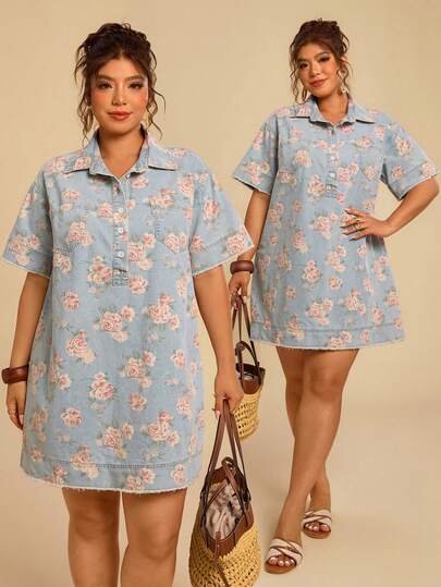 Travachic 大码女式印花纽扣半开襟短袖休闲宽松牛仔连衣裙