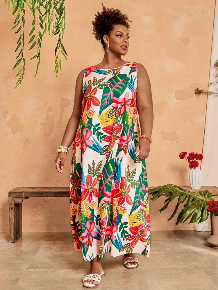 Plus Size Round Neck Sleeveless Summer Tropical Print Dress,Country Casual Vacation Outfits Woman,Simple And Fashionable For Everyday Wear,Summer Tops Women,Vacation Outfits Woman Summer Outfits For Women Office Wear, Vacation Outfits Woman, Summer Outfits For Women Festival Boho,Holiday Outfit