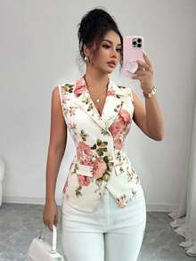 Elenzga 女士优雅通勤印花翻领背心，夏季款 - 彩色 - 查看 2