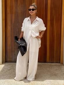 DAZY 秋冬新款宽松休闲条纹女装两件套夏季 - 卡其色 - 查看 2