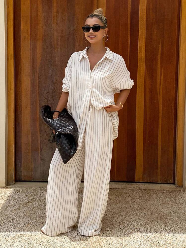 Autumn/Winter New Loose Casual Striped Women 2 Pieces Set Summer