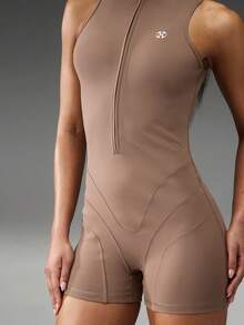 Normani Women's Letter Print Zip-Up Half-Placket Sleeveless Casual Romper Gym Shades Of Brown Summer - Brown - View 7