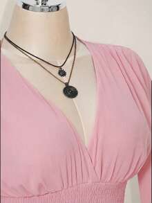 SHEIN ICON 女士优雅纯色收腰喇叭袖迷你连衣裙，秋季 - 粉色 - 查看 6