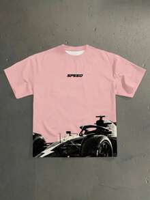 Manfinity Roghcode Camiseta casual holgada de cuello redondo con estampado de letras para hombre - Rosa - Ver 5