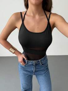 Rafferiza Modischer figurbetonter Mesh-Patchwork-Camisole-Bodysuit, Schwarz, vielseitig tragbar als Pendlerkleidung für Frühling/Sommer - Schwarz - Übersicht 4