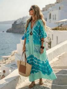Breezaya 女士休闲扎染图案长连衣裙 绿色 V 领和服式半袖不对称下摆卡夫坦夏季连衣裙 女士夏季服装 沙滩连衣裙 地中海风格服装 波西米亚风连衣裙 - 綠色 - 查看 4