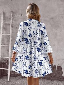 EMERY ROSE Vestido de talla grande con estampado floral azul y blanco, adecuado para vacaciones - Multicolor - Ver 2