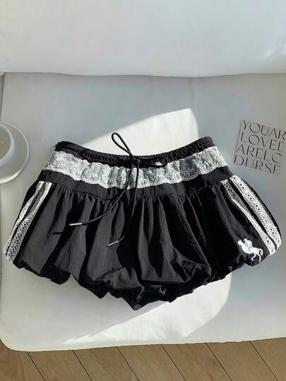 Comfortcana 2026 New Spring/Summer Fashion Women's Lace Patchwork Tie Bubble Shorts, Black, Beachwear, Vacation Style, Y2K Aesthetic