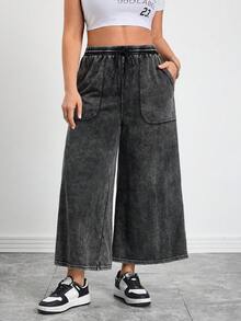 SHEIN CURVE+ 大码休闲水洗抽绳腰阔腿牛仔裤，春夏嘉年华服装通勤度假毕业时尚Y2K可爱街头风派对婚礼优雅商务休闲女式大码阔腿裤，带松紧腰带和口袋，水洗黑色 - 黑色 - 查看 8