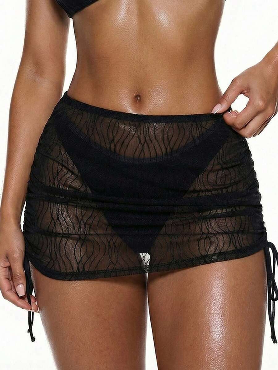 Swim SXY 26SS Women's Spring/Summer Beach Vacation Elegant Romantic Shimmering Textured Fabric With Side Drawstring For Adjustable Length, Sexy Sheer Mesh Cover-Up Skirt - Black - View 1
