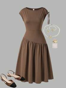 SHEIN This Is A Long Dress For Young Girl, Featuring A Moderate Length And A Casual Design. It Has A High Neckline With A Slight Sloping Shoulder Line; The Sleeves Are Puff-Shaped And Adorned With Folds. The Upper Part Of The Dress Is Fitted, While The Skirt Portion Is Loose And Has An A-Line Shape. It Is A Plain-Colored Dress Suitable For Summer Wear. - Coffee Brown - View 7