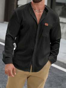 Manfinity CasualCool 男士休闲百搭长袖衬衫，通勤必备 - 黑色 - 查看 4