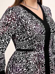 Miaspire Vestido de manga larga con cuello en V, estampado de flores de rosa y efecto degradado para tallas grandes - Negro - Ver 6