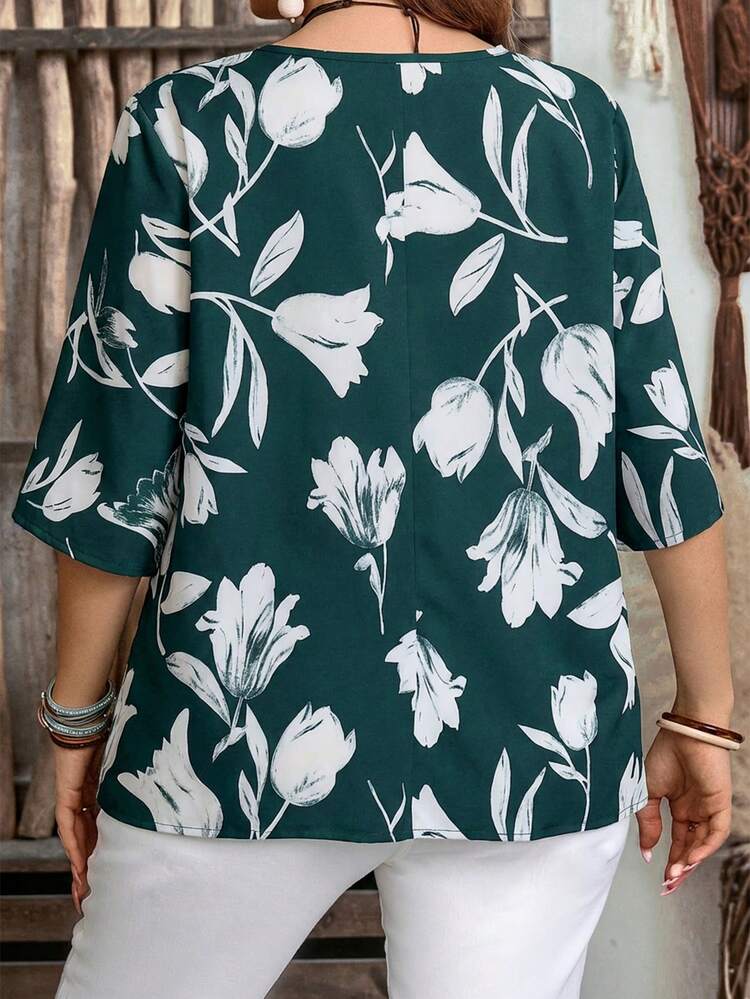 Plus Size Women's Summer Casual Vacation Country Green Floral Print V-Neck Casual Versatile Daily Wear Blouse Top Shirt,Summer Outfits For Women ,Vacation Outfits Women ,Holiday Outfits For Women,Going Out Outfits,2026 New Clothes,Simple And Fashionable For Everyday Wear,Suitable For Summer, Vacation, Daily Wear, Festival Outfits For Women,Country Concert Outfit,Beach Outfits For Women,Western Style,Going Out Tops