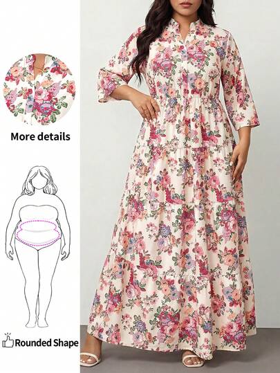 Enliva 加大码波西米亚风花卉印花休闲四层洋装长裙仲夏日服装毕业礼服婚礼宾客礼服女士度假服装女士沙滩装节日太阳裙女士生日礼服