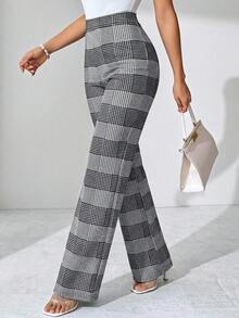 SHEIN Clasi Women's Casual Commuter High Waist Plaid Flare Pants, Autumn  Black, White, And Gray Plaid Stretch Slim-Fit Trousers, Leggings, Yoga Pants, Classic Slim-Fit Trousers For Commuting And Going Out, Made Of High-Elastic Fabric, High-Waisted, Tummy-Control, Basic Slim-Fit - Grey - View 1