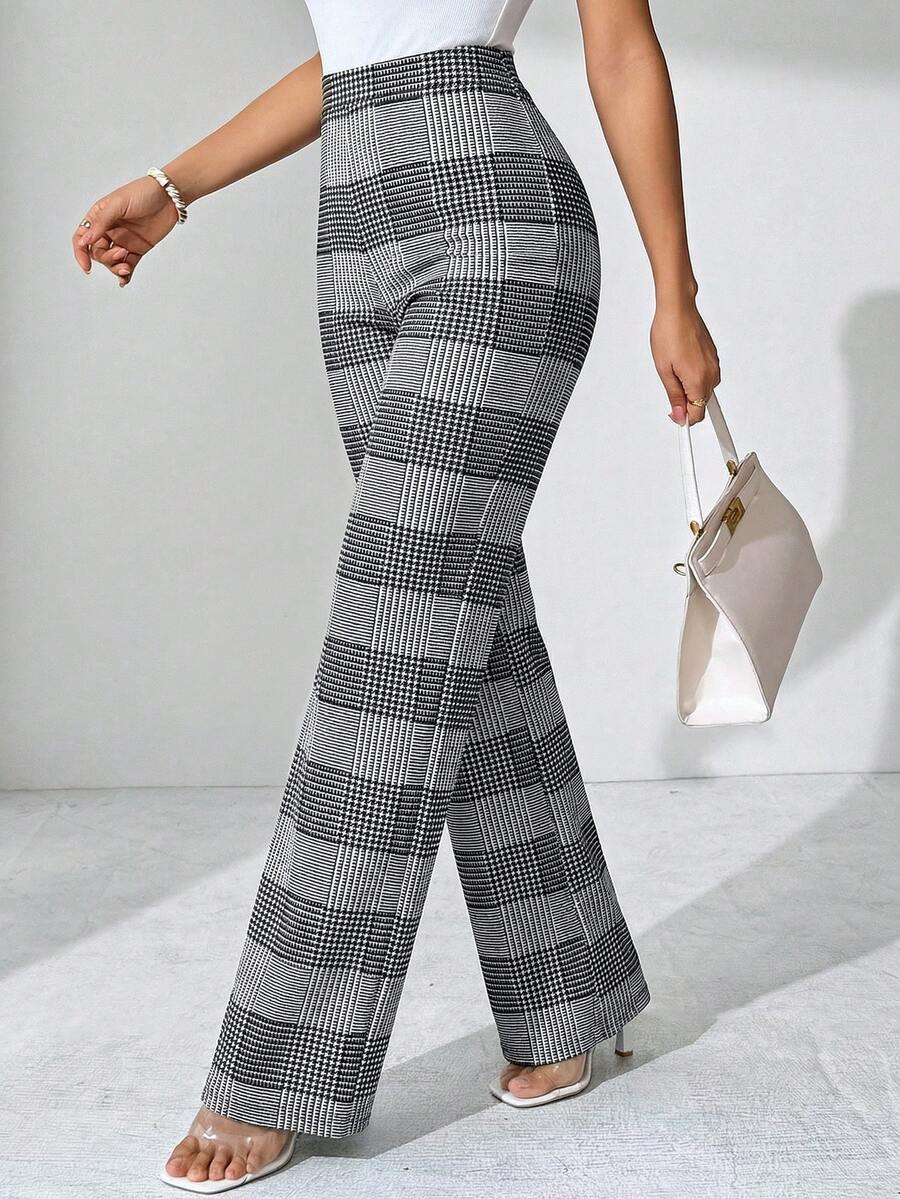 SHEIN Clasi Women's Casual Commuter High Waist Plaid Flare Pants, Autumn  Black, White, And Gray Plaid Stretch Slim-Fit Trousers, Leggings, Yoga Pants, Classic Slim-Fit Trousers For Commuting And Going Out, Made Of High-Elastic Fabric, High-Waisted, Tummy-Control, Basic Slim-Fit - Grey - View 1