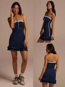 Fluxe 女士夏季无肩带扭结褶皱优雅短裙 - 藍色 - 查看 11