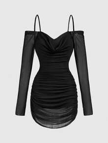 Menodora SHEIN Sport Trang phục khiêu vũ Latin tay dài, màu trơn, hở vai, xếp ly dành cho nữ - màu đen - Xem 1