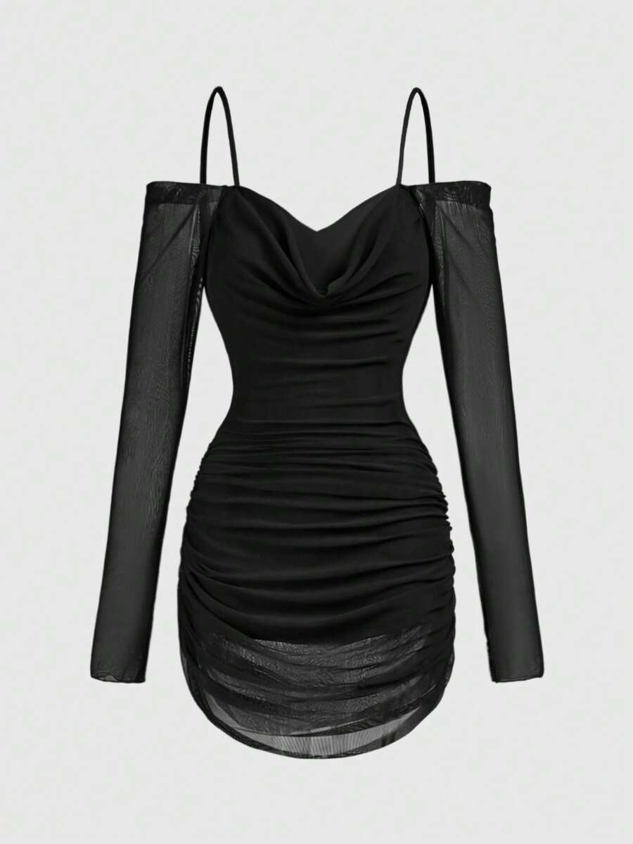 Menodora SHEIN Sport Trang phục khiêu vũ Latin tay dài, màu trơn, hở vai, xếp ly dành cho nữ - màu đen - Xem 1