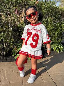 Set de 2 piezas Camiseta de baloncesto y falda para niñas jóvenes, conjunto de moda casual de uso diario con estampado numérico - Rojo - Ver 4