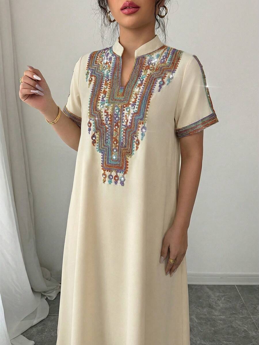 Rafferiza Contrast Color Embroidered Jewel Collar Loose Long Dress For Women - Apricot - View 1