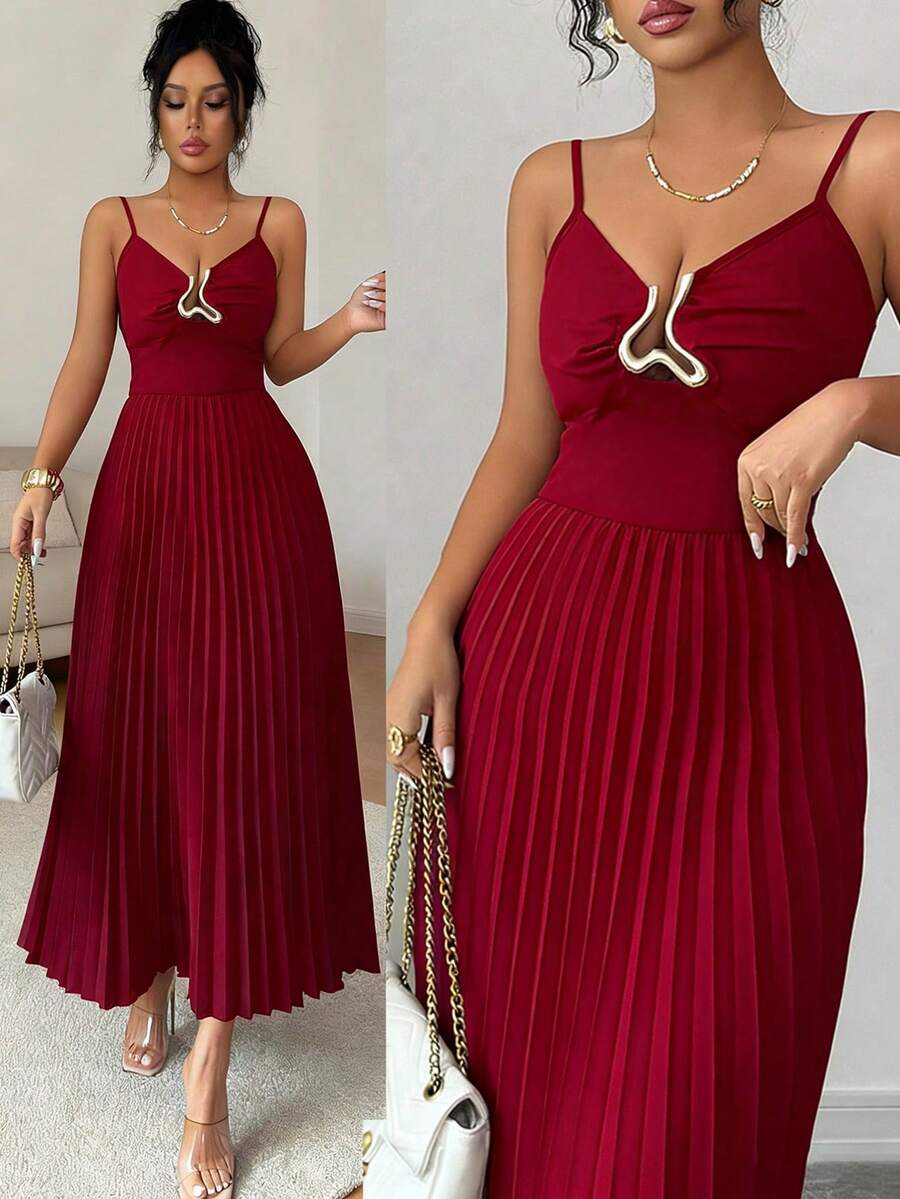 Rafferiza Đầm midi dáng chữ A không tay, thắt eo, xếp ly, thanh lịch, gợi cảm, đa năng dành cho nữ, màu đỏ, thích hợp cho kỳ nghỉ hoặc đi làm, trang trí kim loại, màu xuân/hè. - Đỏ - Xem 1
