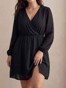 SHEIN LUNE Váy Plus Swiss Dot Surplice Neck Lantern Sleeve Dress Váy tay bồng màu đen cỡ lớn - màu đen - Xem 7