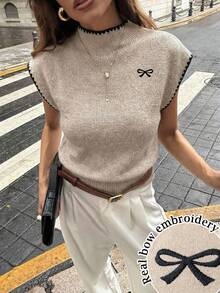 Firerie 女士优雅高领无袖针织背心 - 蝴蝶结和贝壳刺绣，宽松休闲百搭上衣，适合春夏约会、婚礼、派对、海滩度假和节日活动 - 白色 - 查看 1