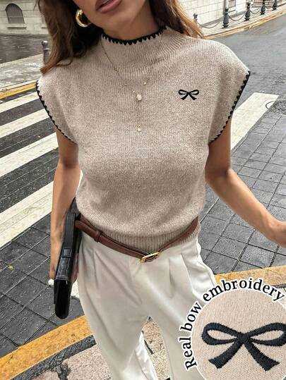 Firerie Women's Elegant High Collar Sleeveless Knit Sweater Vest - Bow & Shell Embroidery, Loose Casual Versatile Top For Spring/Summer Dates, Weddings, Parties, Beach Vacations & Festivals