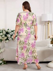 Reflora 大码女式印花重叠V领短袖荷叶边下摆优雅连衣裙 - 黃色 - 查看 10