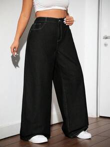 Dripcurv Plus Size Casual Loose Straight Leg Jeans, Black, Fashion Versatile - Black - View 3
