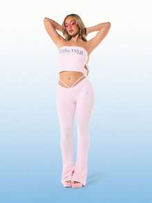 BABYPHAT 女士高腰喇叭紧身裤，腰部饰有绑带，并印有天使翅膀图案，粉色弹力针织面料 - 粉色 - 查看 3