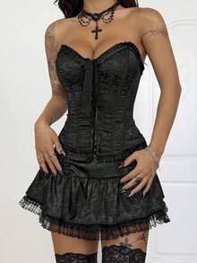 Coolane Top tubo negro con volantes, correas texturizadas, hebilla y lazo, estilo gótico Y2K chic para mujer, apto para todas las estaciones, otoño/invierno - Negro - Ver 2
