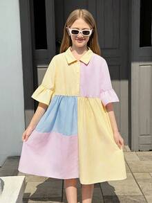 SHEIN Tween-Mädchen Kleid mit unregelmäßigem asymmetrischem Farbblock, Rüschenkragen, locker geschnittener A-Linie, Kurzarm, Chiffon, Sommerkleid, Lässig, Alltag, Sommer Dopamin, Y2K - Verschiedenfarbig - Übersicht 5