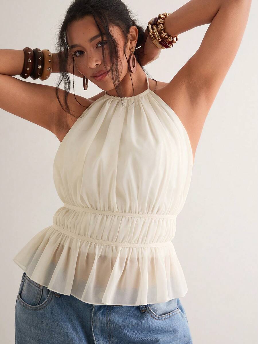 Freevana 大码波西米亚风度假宽松象牙色露背吊带短款上衣,露背褶皱腰部短款衬衫,夏季休闲度假外套,尽显身材 - 杏色 - 查看 1